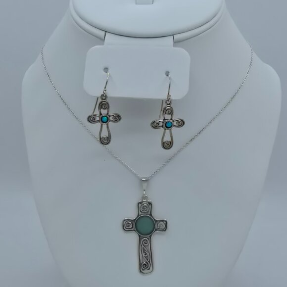 PZ Israel 925 Sterling Silver Blue Roman Glass Cross Necklace & Earring Set - Picture 1 of 7